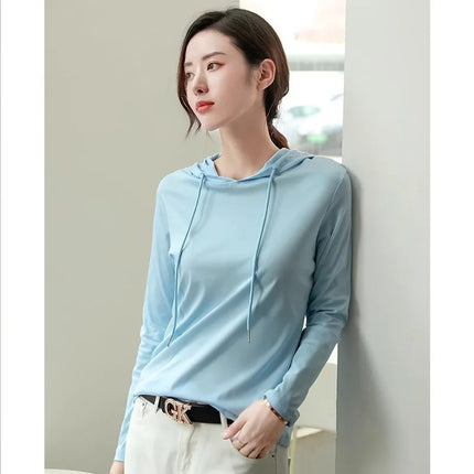 Silky cotton hooded sweatshirt T-shirt for women in spring 2025 new pure cotton versatile light luxury thin fashion base shirt