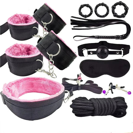 Hot Exotic Bed Bondage Set BDSM Kits Exotic Sex Toys For Women Adults Games Leather Handcuffs Whip Gag Nipple Clamps Sex Shop
