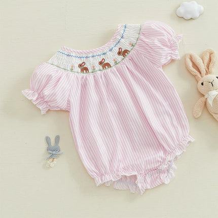 Newborn Infant Baby Girl Bunny Romper Puff Sleeve Rabbit Smocked Striped Bubble Bodysuit My 1st Easter Outfit Summer Clothes