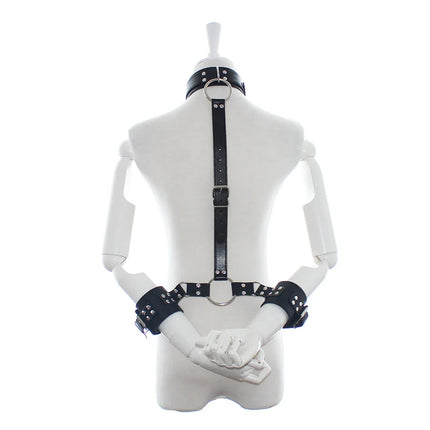 BDSM PU Leather Neck To Wrist Restraint Set Back Bind Bondage Harness Choker Collar with Handcuffs Slave Role Play Adult Sex Toy