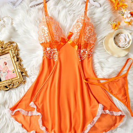 Summer Orange Lace Mesh Contrasting Dress Underwear With Thongs Night Costumes