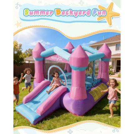 Pink Iatable Toddler Bounce House with Blower, Indoor/Outdoor Jumping Castle for 3-8, Iatable Bouncy House with Slide