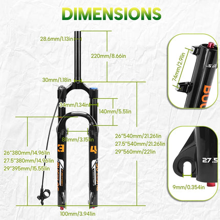 BUCKLOS 26/27.5/29Inch MTB Air Fork 9*100mm 140mm Travel Mountain Bike Front Fork 34mm Tube Bicycle Air Suspension Fork