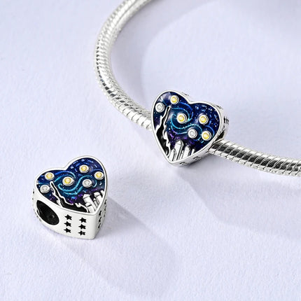 Charm Bead 925 Sterling Silver Heart Starry Sky Family Mother-Daughter-Sister Charm Fit Bracelets Pendant Women DIY Jewelry Gift