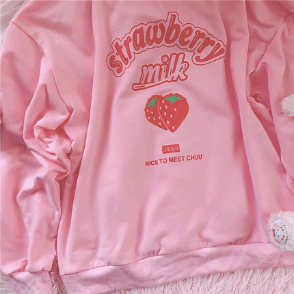 S-3XL Harajuku Kawaii Sweatshirt Strawberry Pink Sweatshirts Spring Kpop Korean Style Fleece Women Cute Top Outwear for Girls