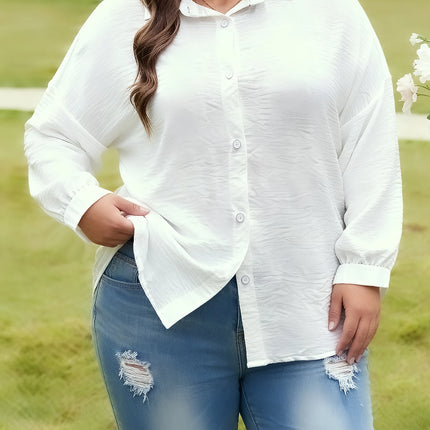 Plus Size Women's White Shirt Collared Long Sleeve Loose