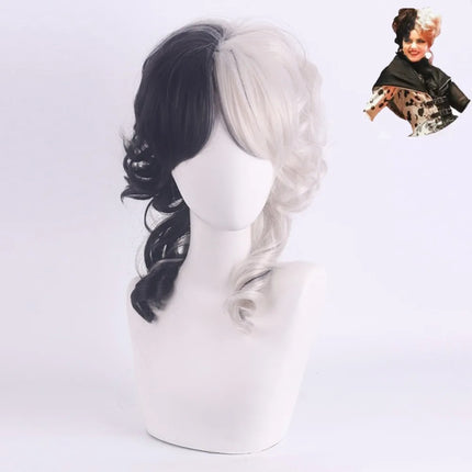 Cosplay Halloween Party Wigs CRUELLA Deville De Vil Black White With Bangs Short Bob Hair for Women Heat-Resistant Synthetic Wig