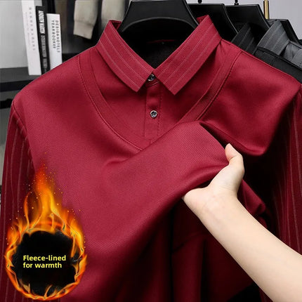Men's Winter Thickened Fleece Lined Knitwear Polo Shirt Long Sleeve Loose Fit Solid Color Thermal Base Layer Two-Piece Look