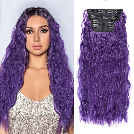 4PCS set Clip in Hair Extensions Natural Black Corn Wavy 20'' Long Curly Thick Synthetic Hairpieces for Women Girls Daily Party