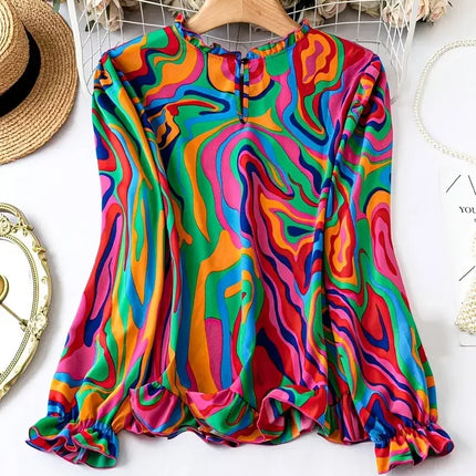 Plus Size 1XL-5XL Women Fashion Round Neck Long Sleeve Print Blouse Shirts Ladies Casual   Boho Blouse Shirt Top