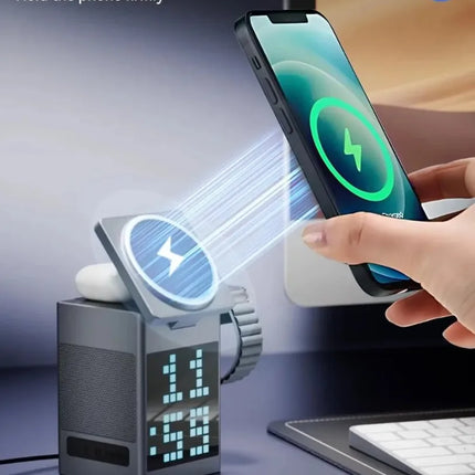Foldable Magnetic Wireless Charger 6 in 1 Bluetooth Speaker & Alarm Clock & Cartoon Pixel For iPhone 16~12 iWatch Airpods 3 Pro
