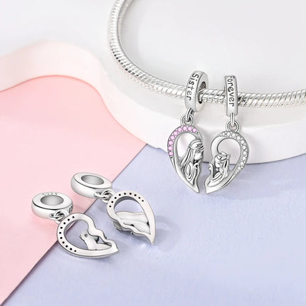 Charm Bead 925 Sterling Silver Heart Starry Sky Family Mother-Daughter-Sister Charm Fit Bracelets Pendant Women DIY Jewelry Gift
