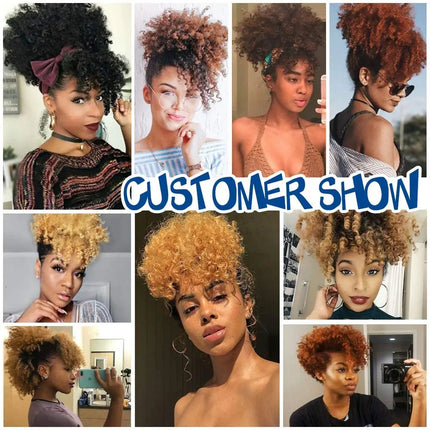 Afro Puff Kinky Curly Synthetic Hair Ponytail with Bangs, Drawstring Ponytail for Black Women Updo Natural Hair Ponytail
