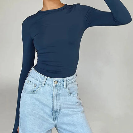 Fashion Women T-shirt Long Sleeve Crew Neck Solid Slim Fit Ladies Crop Top with Thumb Holes for Daily Streetwear Summer Camis
