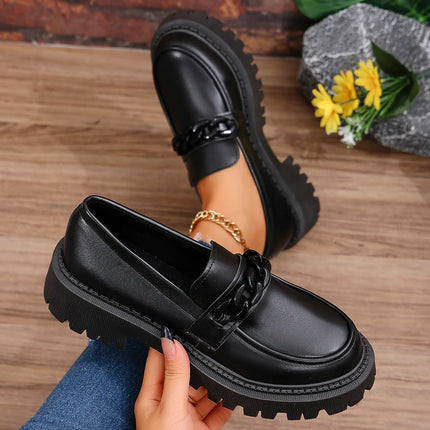 Women's Platform Loafers with Chain Decor Fashion Preppy Style Dress Shoes Woman Patent Leather Slip On Ladies Flats Plus Size