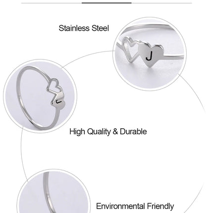 COOLTIME Initial Letter Ring for Women Stainless Steel A-Z Alphabet Double Heart Rings Fashion Wedding Anniversary Birthday Gift