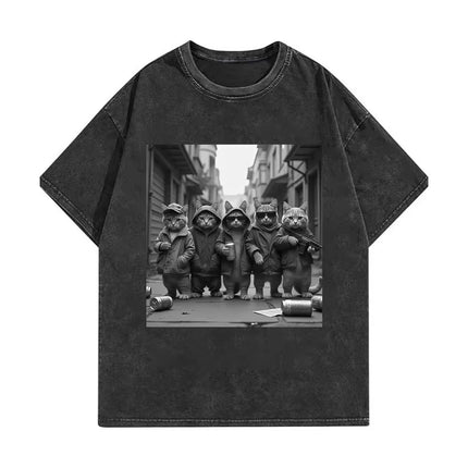 Funny Cat Gang Meme Graphic T Shirts Men's Women's Fashion Vintage Washed T-shirt Summer High Quality Cotton T-shirts