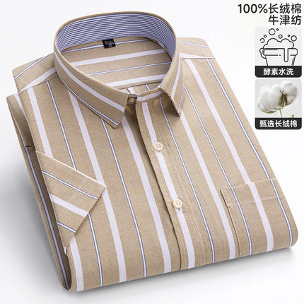 New 100% Cotton Oxford Men's Shirts Short Sleeve Plaid Soft Regular Fit Formal Dress Shirt Social Blouse Male Clothes 6XL 7XL