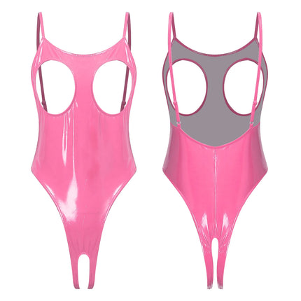 Womens Sexy PU Leather One Piece Lingerie Bodysuit Wet Look Hollow Out Open Cup Crotchless High Cut Leotard Catsuit Nightwear