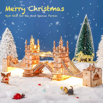 Rolife DIY Wooden 3D Puzzle Tower Bridge Model Building Kit Brain Teaser Puzzle Toy with LED Light for Home Decor Gift for Adult