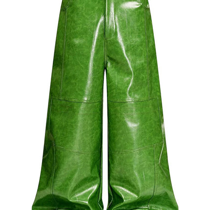 Mauroicardi Spring Autumn Cool Long Shiny Reflective Green Pu Leather Wide Leg Pants for Men Y2K Luxury Brands Original Clothes