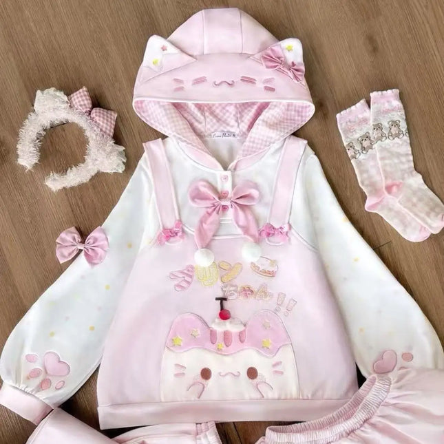 Japanese Style Soft Cute Strawberry Caramel Pudding  Print Fleece Lined Oversize Plaid Hoodie for Girls Autumn Winter