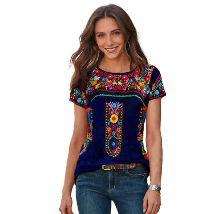 2026New European & American Women's Summer Collection | Bohemian Printed Crew Neck Short Sleeve T-Shirt