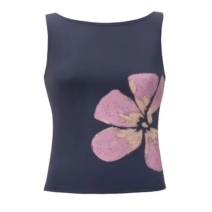 Women's Flower Print Crop Tank Top Fitted Boat Neck Sleeveless Summer Top for Party Club 2025 New Fashion