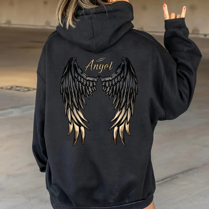 Women's Casual Hoodie with Angel Wings Graphic Drawstring Detail Kangaroo Pocket Perfect for Fall Winter Playful Design Trendy