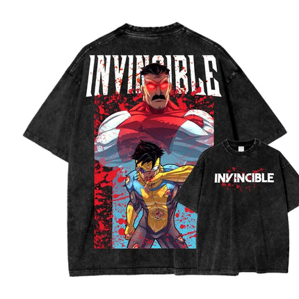 Superhero Anime Invincible Graphic Print Washed T-shirt Men Women New Fashion O-neck Cotton Tee Streetwear Hip Hop Oversized Top