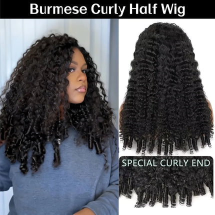 Burmese Curly Human Hair Half Wig 3-in-1 Glueless Natural Black  Spiral Ends With Drawstring Half Wigs for Beginners Wear And Go
