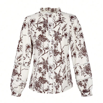 Spring/Summer 2026 Collection Elegant Printed V-Neck Puff-Sleeve Shirt Featuring Button Details Casual and Versatile