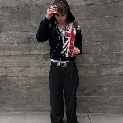 Winter Punk Style Distressed Union Hoodie women Fashion Retro Grunge Zip-up Sweatshirt Streetwear Oversized Hooded 2025 New
