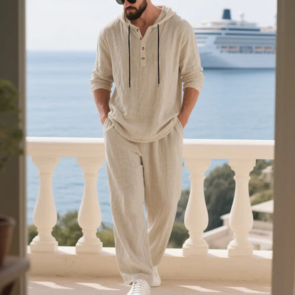 Men's Cotton Linen Casual Set 2 Pieces Spring Summer Loose Fit Hooded Shirt & Pants Set Breathable Vacation 2 Piece Set for Man