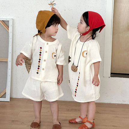 RAISE 2026 Summer Siblings Attires Children Pure Cotton Pajamas Set Kids Boys Tees+shorts Homewear Suit Kids Girls Print Dress