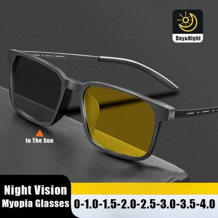 Metal Square Frame Photochromic Night Vision Myopia Glasses Day and Night Dual-Use Driving-Specific Anti-Glare Business Eyewear