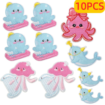 10PCS Bulk Small Fish Jellyfish Coral Embroidery Patches Cute Octopus Shell Seaweed Sticker For Ocean Bag Decoration Wholesale