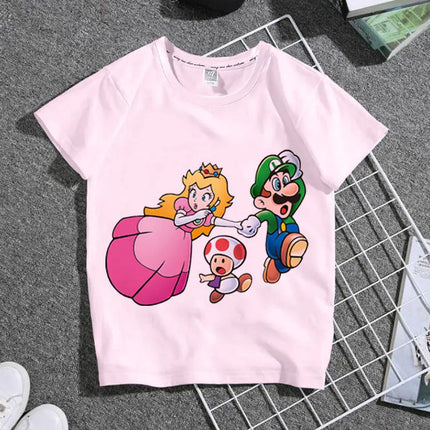 2026 New Cartoon Mario Princess Children's Clothing T-Shirt - Summer Boys and Girls Short-Sleeved Pink Family Set Student Shirt