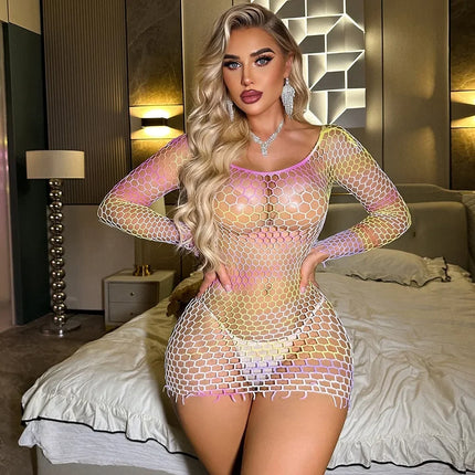 Hot Sexy Colorful Fishnet Dress Sexy Mesh Hollow Out See Through Bodycon Dress Erotic Transparent Tights Lingerie Costumes