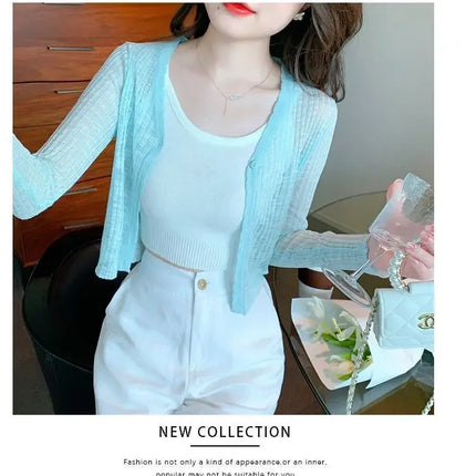 Slim Fit Knitted Long Sleeve Short Cardigan Women's Summer New Style Korean Version Thin Outerwear Pure Color Sun Protection Shi