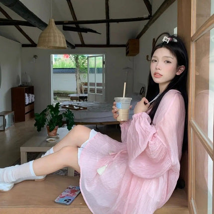 Korean Version V-neck Long Sleeved Shirt for Women's Spring 2024 New Loose Medium Long Sun Protection Shirt Top Two-piece Set