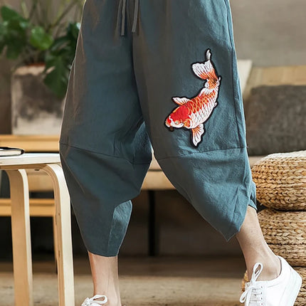 Chinese Embroidery Summer Cotton Linen Shorts Men Baggy Wide leg Casual Capris Pants Male Sport Running Shorts 2025