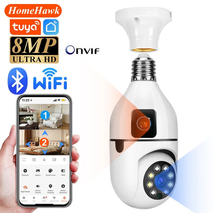 Tuya 8MP E27 Bulb WIFI Camera Dual Lens AI Human Tracking Voice Alarm Two-way Audio Dual Screen Smart Home Surveillance Camera