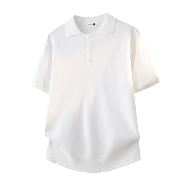 Men's Button Down Collar Knit Polo Shirt Short Sleeve Solid Color Casual Summer Tops Lightweight Business Tee