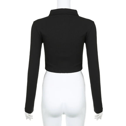 Women's T-shirt Autumn New Black Long Sleeves Crop Top Casual Fashion Zippers T-shirt Lady Turn-down Collar Sexy Tops Clothing