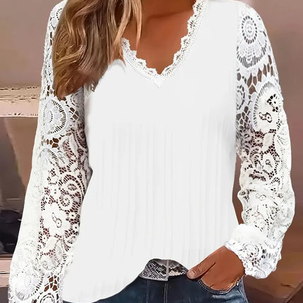 Plus Size 1XL-5XL Women's Fashion Contrast Long Sleeve Guipure Lace Shirt Ladies Casual Lantern Sleeve Loose Blouse