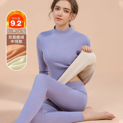 Thermal Underwear Sets for Women Mid-high Collar Winter Warmth High Stretch Base Thick Velvet Tops Trousers Seamless Lingerie