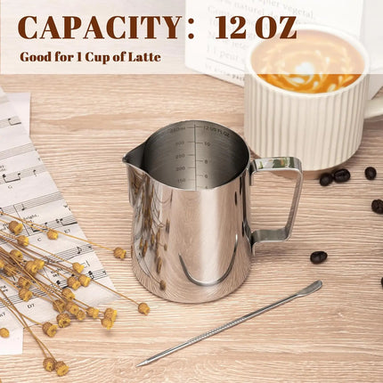 12oz Thickened Stainless Steel Coffee Latte Art Pitcher Scale Pointed Spout Milk Frothing Jug Barista Professional Coffee Tool