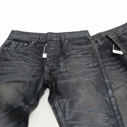 High Street Black Glue Wax Pants Women's Slim Fit Straight Leg Cat Whisker Jeans Streetwear Casual Denim Pants Men Clothing