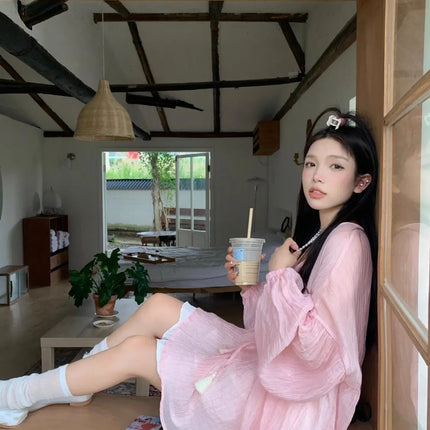 Korean Version V-neck Long Sleeved Shirt for Women's Spring 2024 New Loose Medium Long Sun Protection Shirt Top Two-piece Set